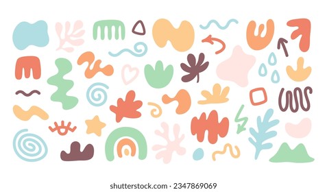 Colorful organic shape doodle collection. Funny basic shapes, random childish doodle cutouts. Colorful hand painted various abstract shapes. Vector illustration in flat style 