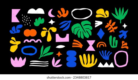 Colorida colección de doodles de forma orgánica. Formas básicas divertidas, recortes de doodles infantiles aleatorios de hojas tropicales, arte abstracto a mano y decorativo en un fondo aislado.