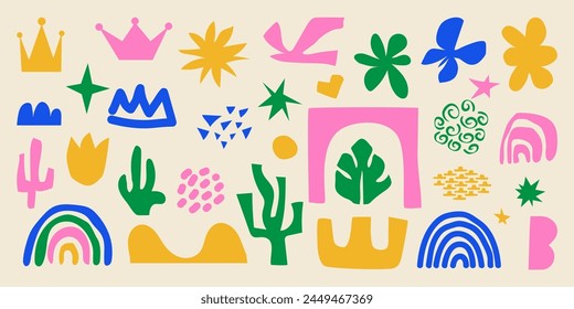 Conjunto de garabatos de forma orgánica colorida. Recortes de collage infantil de hoja tropical, estrella, arco iris, pájaro, mariposa, corona. Elementos de diseño de gráficos de Vector