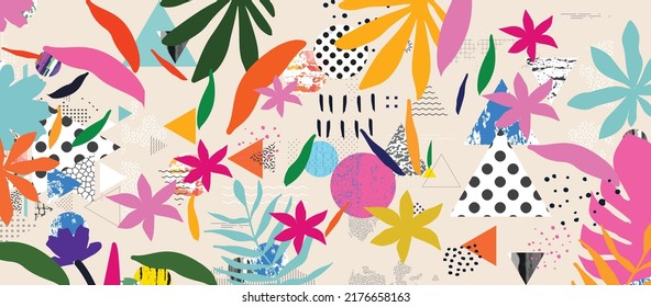 Colorful organic shapes doodle collection. Cute botanical shapes, random childish doodle cutouts of tropical leaves and flowers, decorative abstract art vector illustration