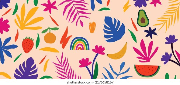 Colorful organic shapes doodle collection. Cute botanical shapes, random childish doodle cutouts of tropical leaves, flowers and fruit, decorative abstract art vector illustration