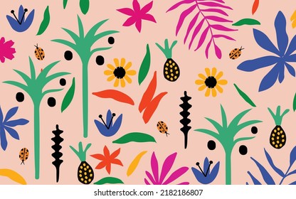 Colorida colección de doodles de formas orgánicas. Formas botánicas cortas, cortes de doodles infantiles aleatorios de hojas tropicales, frutas y flores, ilustración decorativa de vectores de arte abstracto