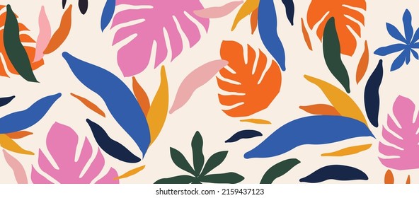 Colorful organic shapes seamless pattern. Cute botanical shapes, random cutouts of tropical leaves, decorative abstract art vector illustration