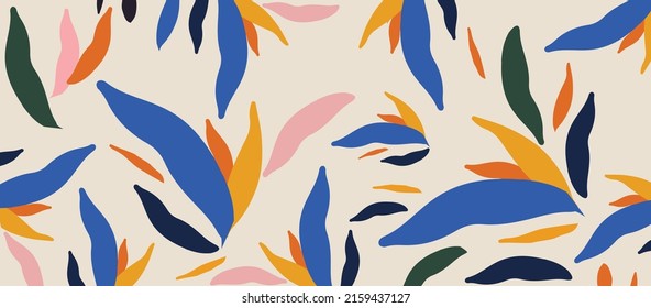 Colorful organic shapes seamless pattern. Cute botanical shapes, random cutouts of tropical leaves, decorative abstract art vector illustration	