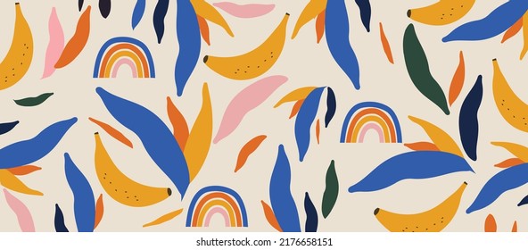 Colorful organic shapes seamless pattern. Cute botanical shapes, random cutouts of tropical leaves, rainbows and bananas, decorative abstract art vector illustration	