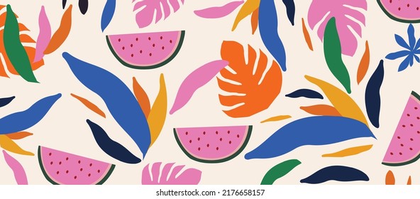 Colorful organic shapes seamless pattern. Cute botanical shapes, random cutouts of tropical leaves and watermelons, decorative abstract art vector illustration	