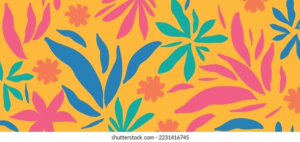 Colorful organic shapes seamless pattern. Cute botanical shapes, random cutouts of tropical leaves and flowers, decorative abstract art vector illustration