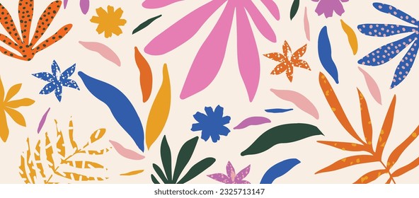 Colorful organic shapes seamless pattern background. Cute botanical elements, random cutouts of tropical leaves and flowers. Decorative abstract art. Vector illustration	