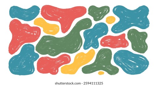 Colorful organic shapes set. Irregular crayon splodge figures. Abstract textured craft fluid. Uneven doodle shape splashes. Wavy blob stains. Curvy flat drops. Vector hand drawn naive illustration.