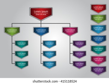 Colorful  Organization Chart Infographics, Color Price Tag Design, Metallic Color, Business Structure, Vector Illustration.