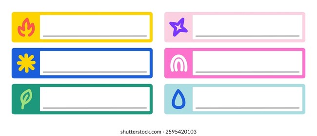 Colorful Organized Labels with Symbolic Icons for Creative and Practical Designs, Featuring Pastel-Themed Tags with Flame, Star, Leaf, and Rainbow Icons for Sorting, Teaching, and Decorative Projects