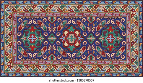 Colorful oriental Caucasian mosaic rug with a traditional floral motifs and geometric ornaments. Patterned carpet with a border frame. Cross stitch template. Vector 10 EPS illustration.