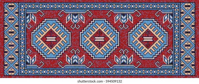 Colorful oriental mosaic Bokhara rug with traditional folk geometric pattern. Carpet border frame pattern. Vector 10 EPS illustration.