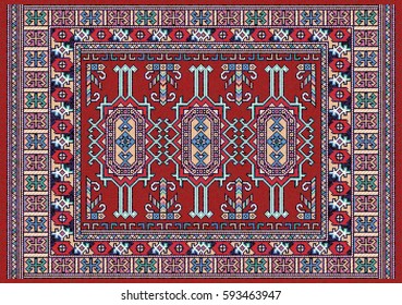 Colorful oriental mosaic kazak rug with traditional folk geometric ornament. Carpet border frame pattern. Vector 10 EPS illustration.