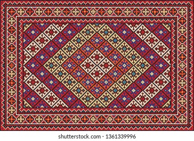 Colorful oriental mosaic kilim rug with a traditional  geometric ornaments. Patterned carpet with a border frame. Cross stitch template. 255 x 173 cells. Vector 10 EPS illustration.