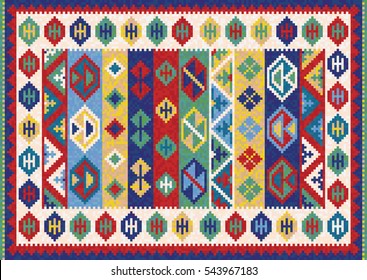 Colorful oriental mosaic kilim rug with traditional folk geometric pattern. Carpet border frame pattern. Vector 10 EPS illustration.