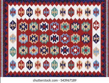 Tapete de quilim em mosaico oriental colorido com padrão geométrico popular tradicional. Padrão de moldura de borda do tapete. Ilustração Vector 10 EPS.