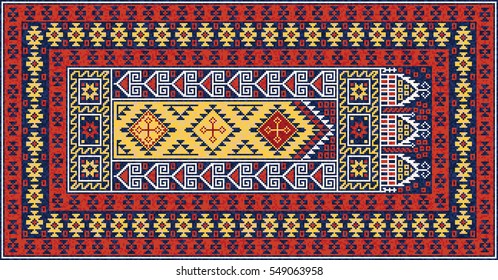 Colorful oriental mosaic kilim rug with traditional folk geometric ornament. Tribal carpet border frame pattern. Vector 10 EPS illustration.