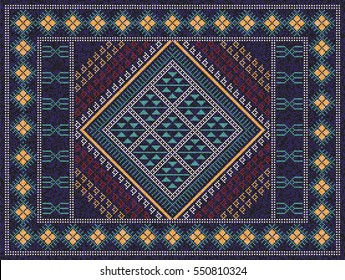 Colorful oriental mosaic kilim rug with traditional folk geometric ornament. Carpet border frame pattern. 277 x 209 cells. Vector 10 EPS illustration.