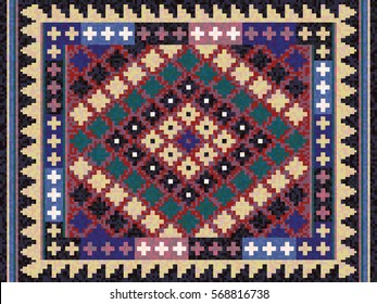 Colorful oriental mosaic kilim rug with traditional folk geometric ornament. Carpet border frame pattern. Vector 10 EPS illustration.