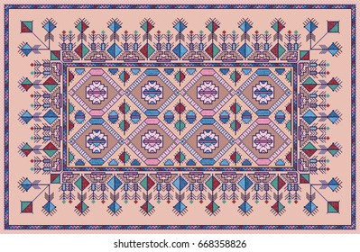 Colorful oriental mosaic kilim rug with traditional folk geometric ornament. Carpet border frame pattern. Vector 10 EPS illustration.