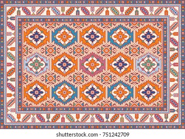 Colorful oriental mosaic kilim rug with traditional folk geometric ornament. Carpet border frame pattern. Vector 10 EPS illustration.