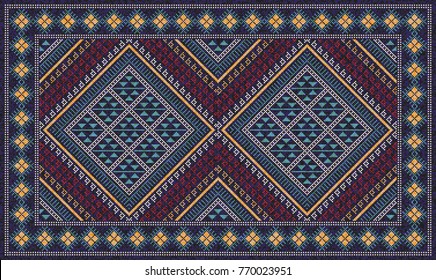 Colorful oriental mosaic kilim rug with traditional folk geometric ornament. Patterned carpet with a border frame. Vector 10 EPS illustration.