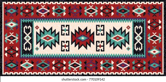 Colorful oriental mosaic kilim rug with traditional folk geometric ornament. Patterned carpet with a border frame. Vector 10 EPS illustration.