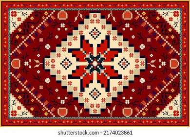 Colorful oriental mosaic prayer rug with a traditional geometric and floral motifs, Persian carpet, cross stitch template, tribal vector, design for decoration.
