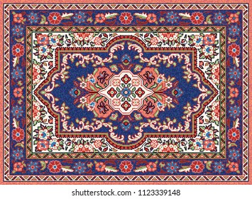 Colorful oriental mosaic rug with a classic traditional central flower motif and geometric ornament. Patterned carpet with a border frame. Vector 10 EPS illustration.