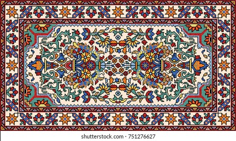 Colorful Oriental Mosaic Rug With Classical Traditional Floral And Geometric Ornaments. Carpet Border Frame Pattern. Vector 10 EPS Illustration.