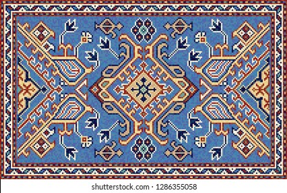 Colorful oriental mosaic rug with a traditional geometric ornaments. Patterned carpet with a border frame. 213 x 133 cells. Cross stitch template. Vector 10 EPS illustration.