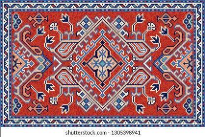 Colorful oriental mosaic rug with a traditional geometric ornaments. Patterned carpet with a border frame. Cross stitch template. Vector 10 EPS illustration.