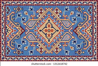 Colorful oriental mosaic rug with a traditional geometric ornaments and floral motifs. Patterned carpet with a border frame. Cross stitch template. Vector 10 EPS illustration.