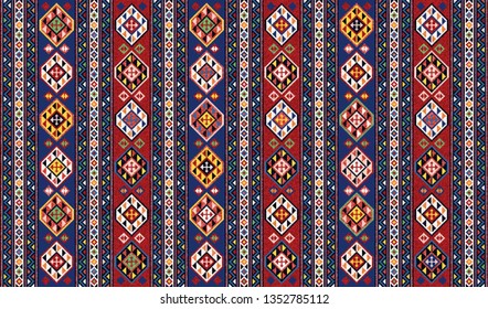 Colorful oriental mosaic rug with a traditional geometric ornament. Patterned carpet with a border frame. Cross stitch template. 495x291 cells. Vector 10 EPS illustration.