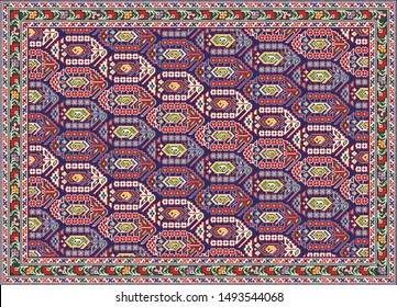 Colorful oriental mosaic rug with a traditional Persian boteh motif, floral and geometric ornaments. Patterned carpet with a border frame. Cross stitch template. Vector 10 EPS illustration.