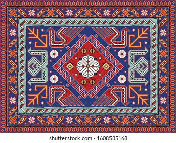 Colorful oriental mosaic rug with a traditional geometric ornaments and stylized birds. Patterned carpet with a border frame. Cross stitch template. Vector 10 EPS illustration.