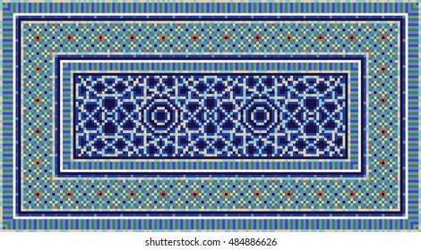 Colorful oriental mosaic rug with traditional folk geometric pattern. Carpet border frame pattern. Vector 10 EPS illustration. 