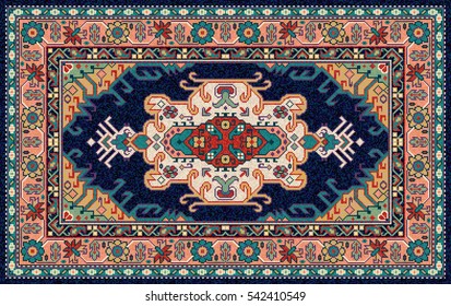 Colorful oriental mosaic rug with traditional folk geometric pattern. Carpet border frame pattern. Vector 10 EPS illustration.