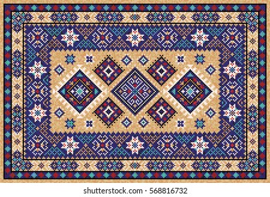 Colorful oriental mosaic rug with traditional folk geometric ornament. Carpet border frame pattern. Vector 10 EPS illustration.