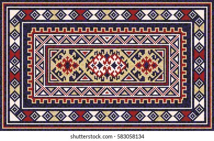 Colorful oriental mosaic rug with traditional folk geometric ornament. Carpet border frame pattern. Vector 10 EPS illustration.