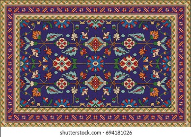 Tapete de mosaico oriental colorido com ornamento geométrico popular tradicional e motivos florais. Padrão de moldura de borda do tapete. Ilustração Vector 10 EPS.