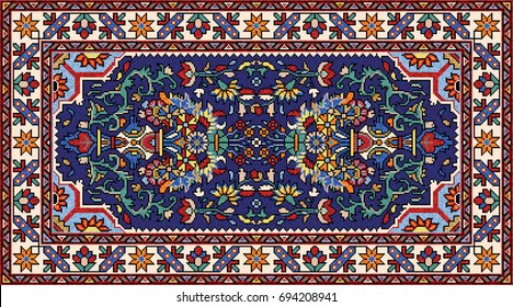 Tapete de mosaico oriental colorido com ornamento geométrico popular tradicional e motivos florais. Padrão de moldura de borda do tapete. Ilustração Vector 10 EPS.