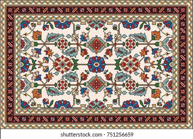 Colorful oriental mosaic rug with traditional geometric ornament and floral motifs. Carpet border frame pattern. Vector 10 EPS illustration.