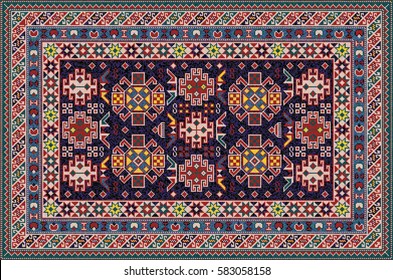 Colorful oriental mosaic Shirvan rug with traditional folk geometric ornament. Carpet border frame pattern. Vector 10 EPS illustration.