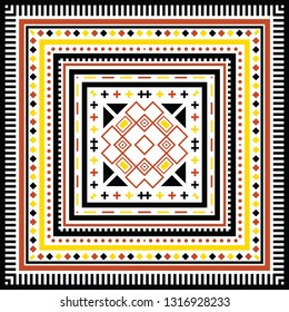 Colorful oriental mosaic square rug with a traditional geometric ornaments and floral motifs. Patterned carpet with a border frame. Cross stitch template for pillows