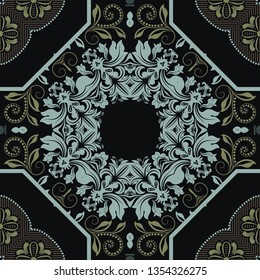 Colorful oriental mosaic square rug with a traditional geometric ornaments and floral motifs. Patterned carpet with a border frame. Cross stitch template for pillows