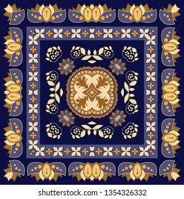 Colorful oriental mosaic square rug with a traditional geometric ornaments and floral motifs. Patterned carpet with a border frame. Cross stitch template for pillows