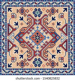 Colorful oriental mosaic square rug with a traditional geometric ornaments. Patterned carpet with a border frame. Cross stitch template for pillows. 133 x 133 cells. Vector 10 EPS illustration.