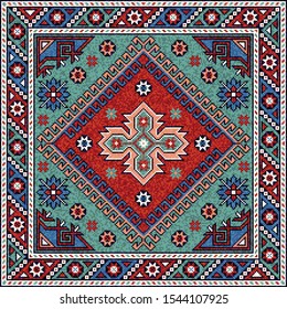 Colorful oriental mosaic square rug with a traditional geometric ornaments. Patterned carpet with a border frame. Cross stitch template for pillows. 223 x 223 cells. Vector 10 EPS illustration.